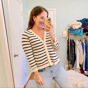 J. Crew White Ivory Navy Blue Striped Crop Cotton